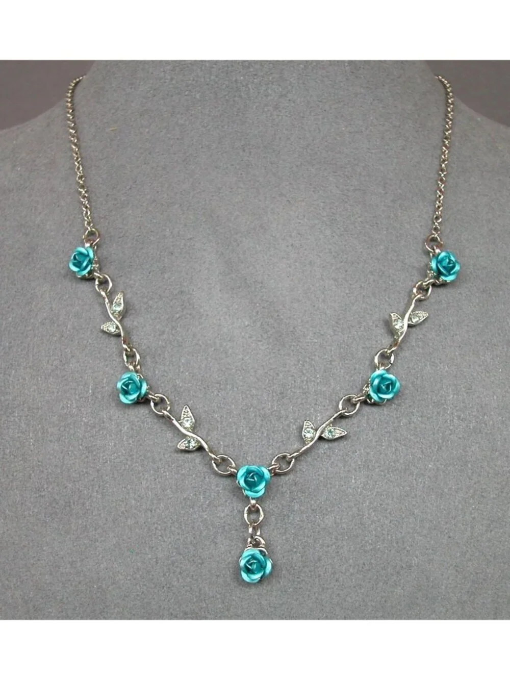 Aqua-Blue Rose & Crystal Leaf Floral Necklace